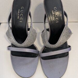 GUCCI Silver Gray Beaded Slip On Satin High Heel Sandals Shoes Size 6B